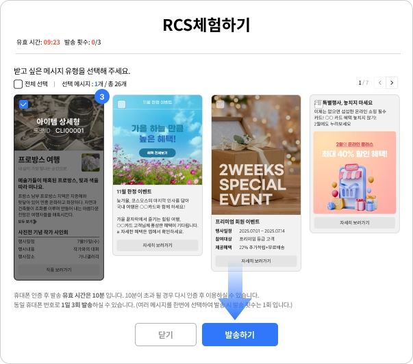 받아보고 싶은 메시지 유형 선택 후 '발송하기' 버튼 클릭
