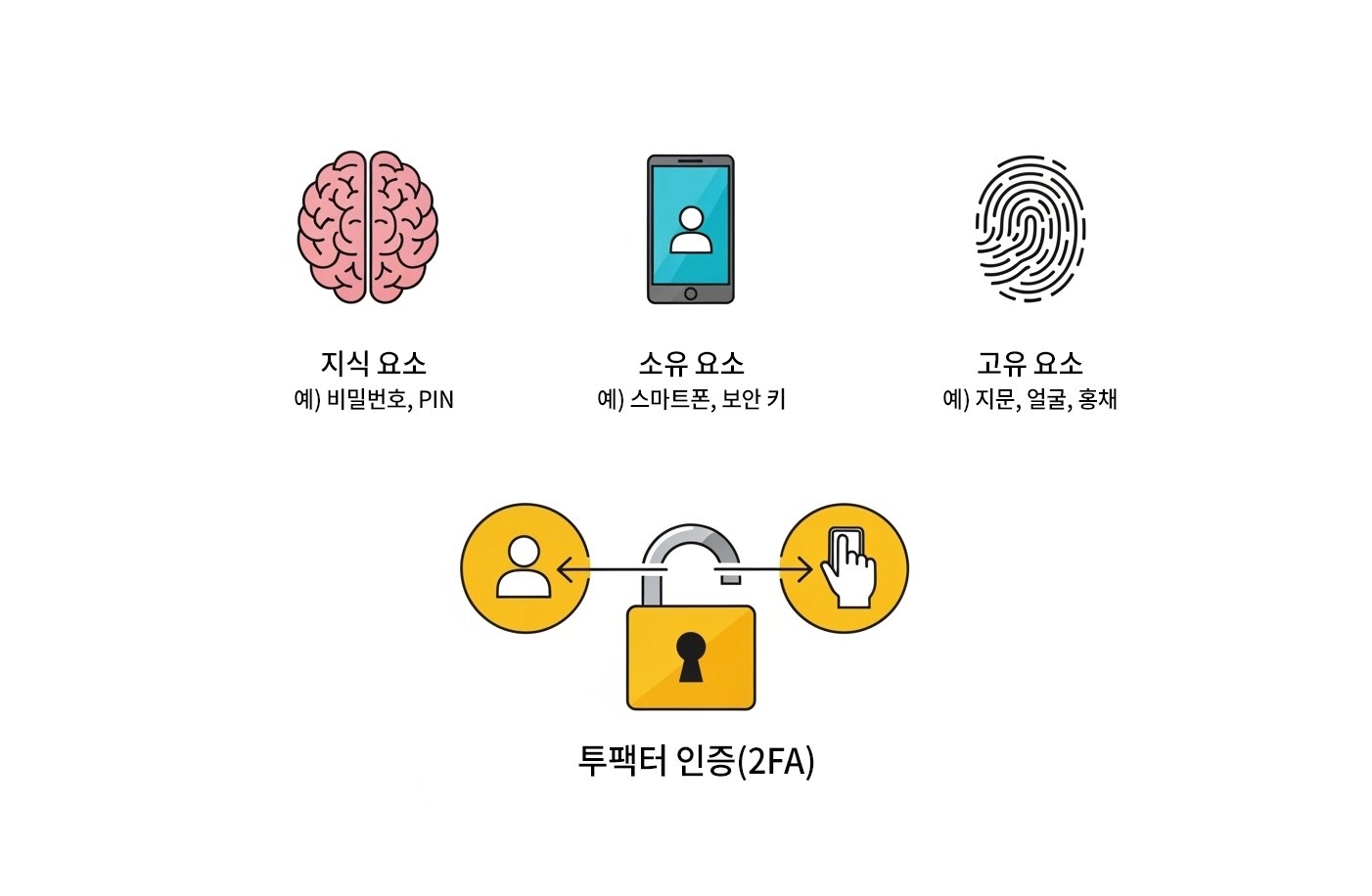 투팩터 인증(2FA)의 3가지 요소(지식, 소유, 생체) 조합을 설명하는 인포그래픽 