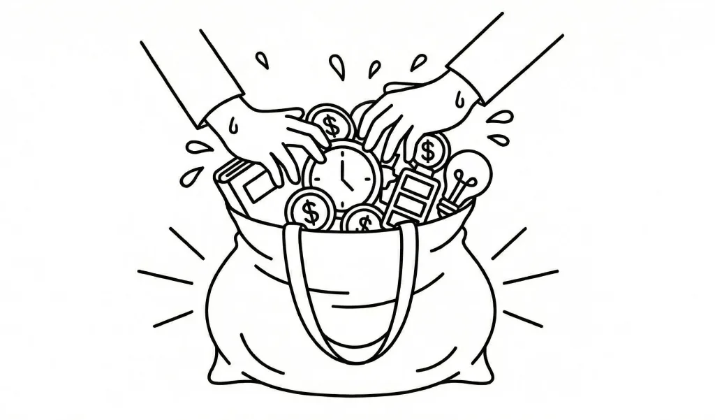 2026-consumption-trends-forecast-02 가방에 시간, 돈, 에너지가 압축되어 있는 이미지로 압축 소비를 상징