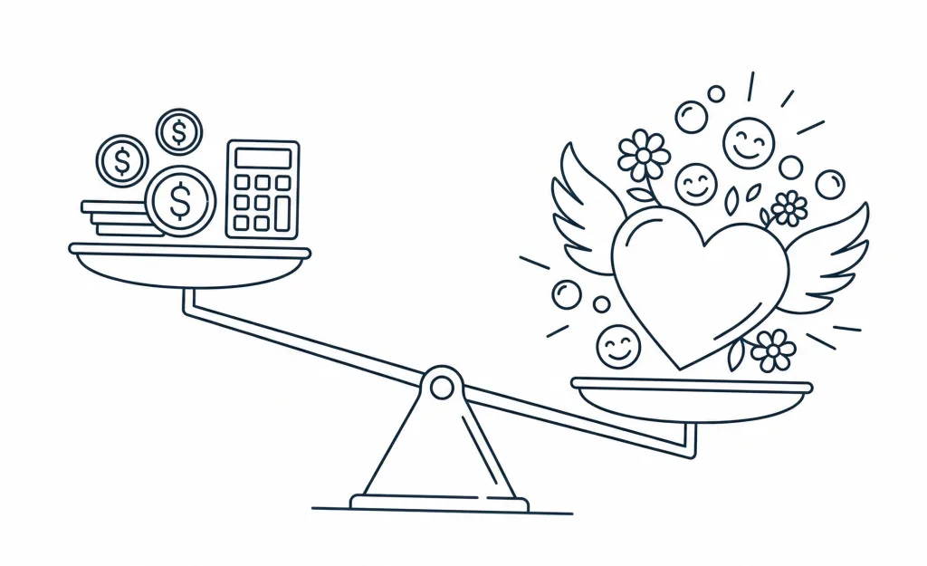 2026-consumption-trends-forecast-03 논리를 뜻하는 계산기가 저울의 왼쪽에 놓여있고, 감정을 뜻하는 하트 그림이 저울의 오른쪽에 놓여 있으며 저울은 오른쪽으로 기울어져 있는 이미지