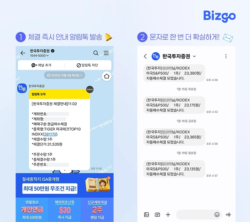 한국투자증권의 주식 체결 알림톡과 문자 메시지
