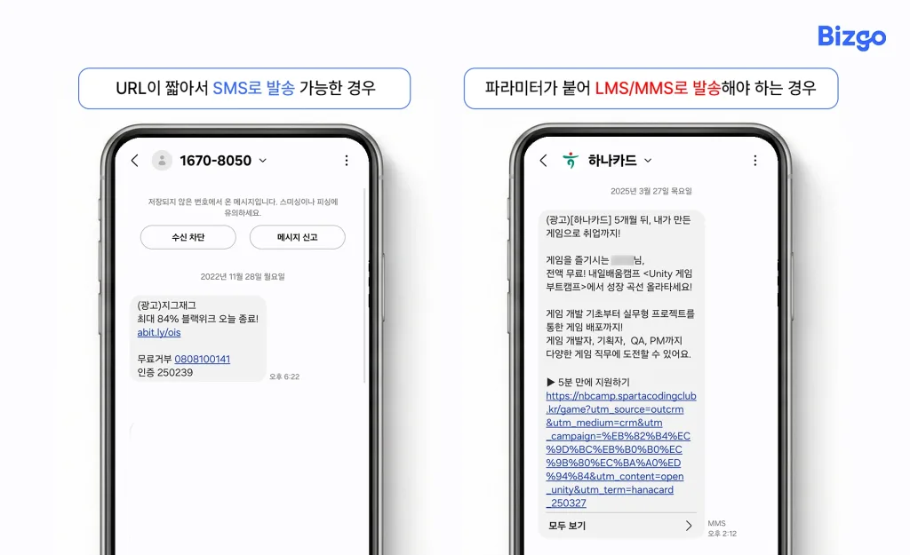 URL이 짧아서 SMS로 발송 가능한 경우와 파라미터가 붙어 LMS/MMS로 발송해야 하는 경우 비교