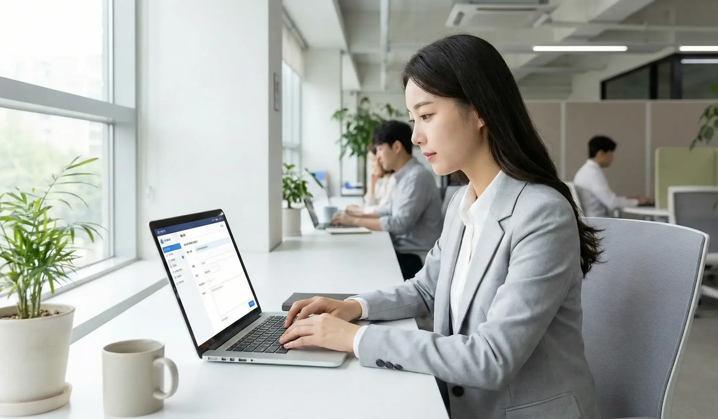 caller-id-pre-registration-03 발신번호 사전등록제에 의해 브랜드의 발신번호를 등록하려 노트북으로 서류를 준비하는 직장인