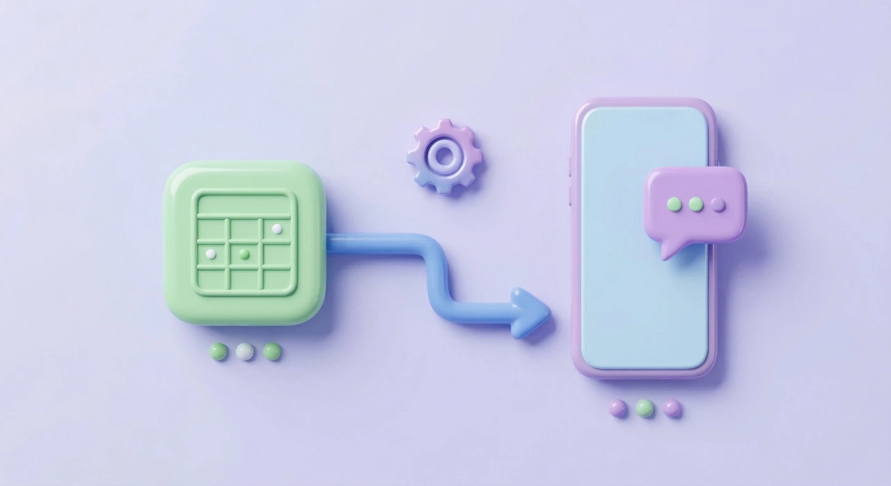 개발 리소스 없이 노코드 자동화 툴을 이용하여 메시지를 발송하는 상황을 표현한 3D 일러스트