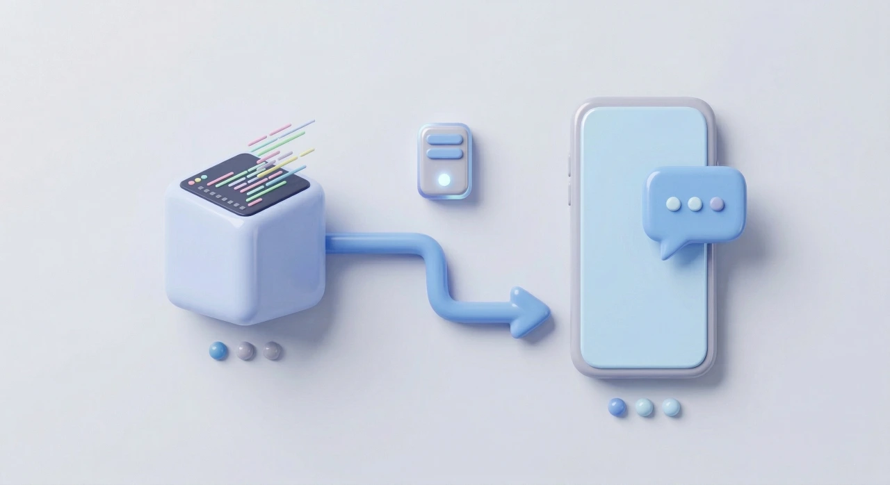 자사 시스템에 API를 직업 연동하는 방식으로 메시지를 발송하는 상황을 표현한 3D 일러스트