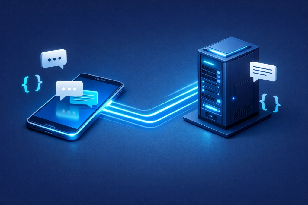 데이터베이스에서 스마트폰으로 연결되는 네트워크와 메시지 이미지