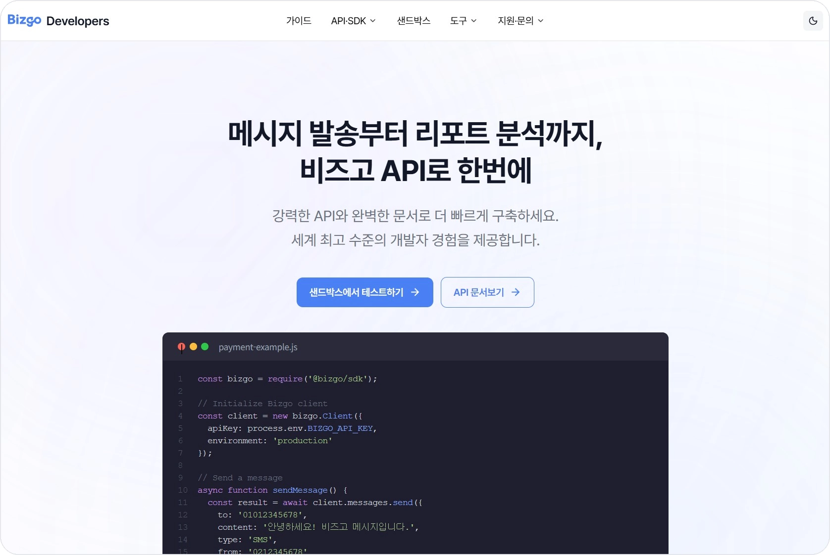 비즈고 개발자센터 메인 페이지의 API 소개와 코드 예시 화면