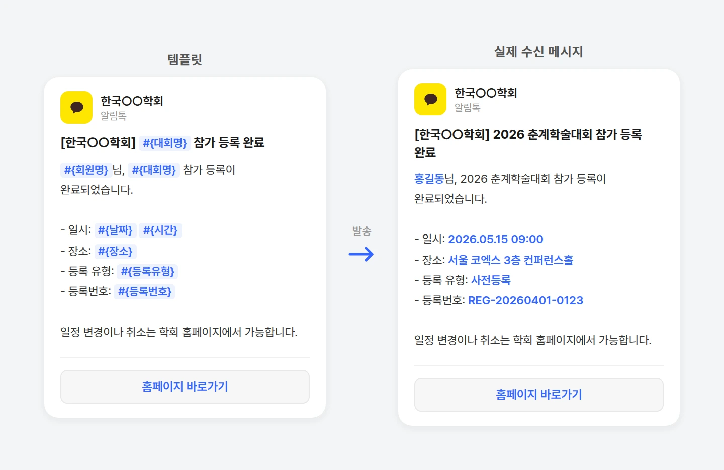alimtalk-registration-confirm 학술대회 참가 등록 확인 알림톡 템플릿과 실제 수신 메시지 비교