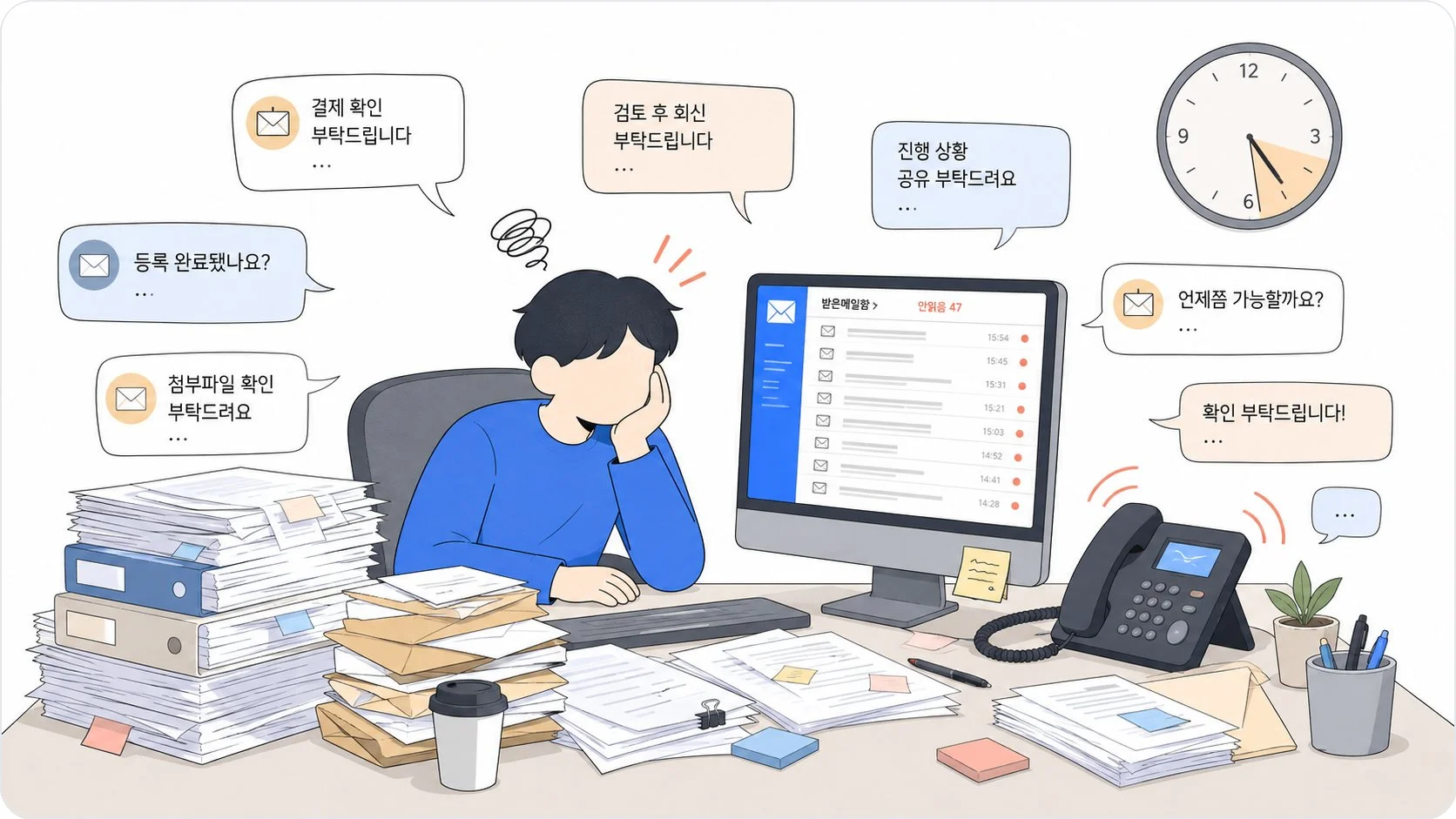 association-office-manual-work-bottleneck 학회 사무국 담당자가 쏟아지는 이메일과 전화 문의에 둘러싸여 수작업으로 회원 안내를 처리하는 모습