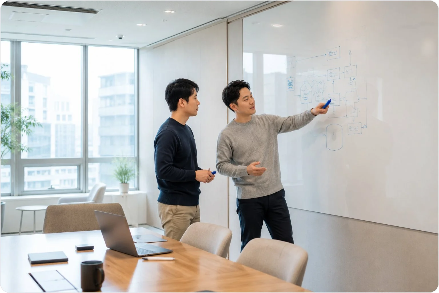 bizgo-alimtalk-api-design-illustration 화이트보드에 시스템 아키텍처를 함께 설계하는 개발자들 일러스트