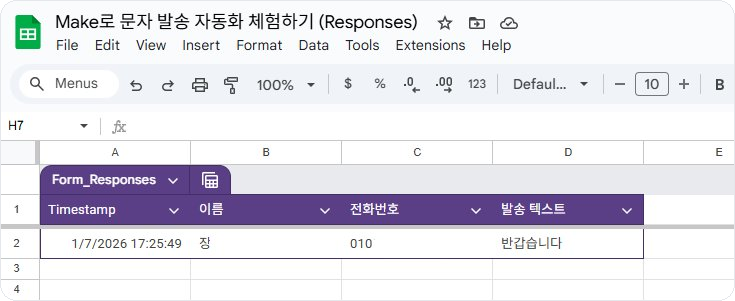 Google Sheets에 폼 응답이 추가되어 자동 문자 발송 트리거가 되는 화면