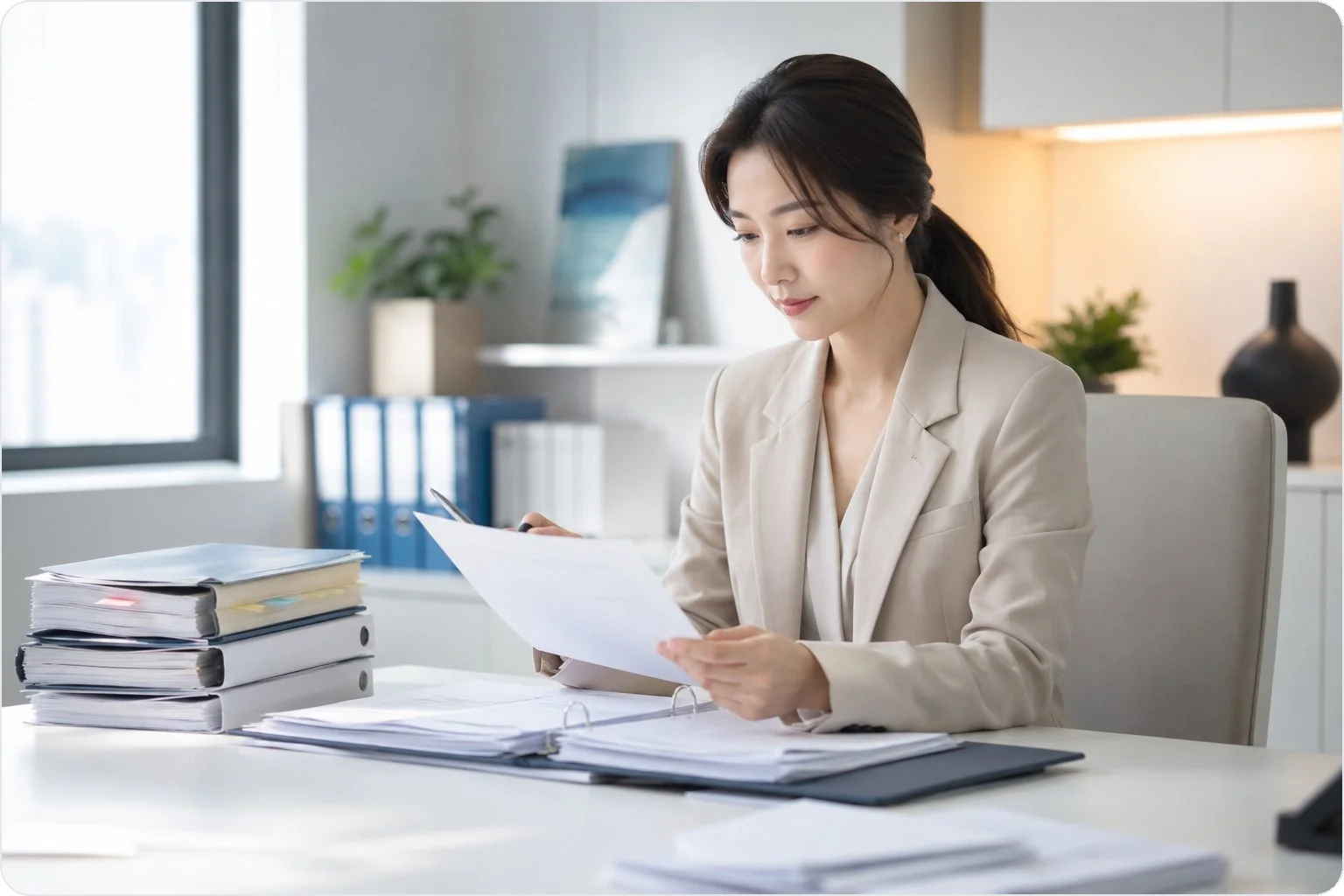 사무실에서 문자사업자 규제 관련 문서를 검토하는 담당자