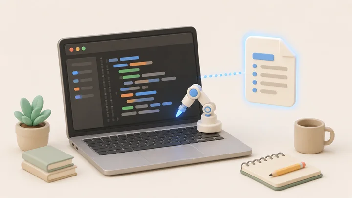 bizgo-ai-coding-tool-api-docs AI 코딩 도구가 API 문서를 참조해 코드를 생성하는 작업 장면 일러스트