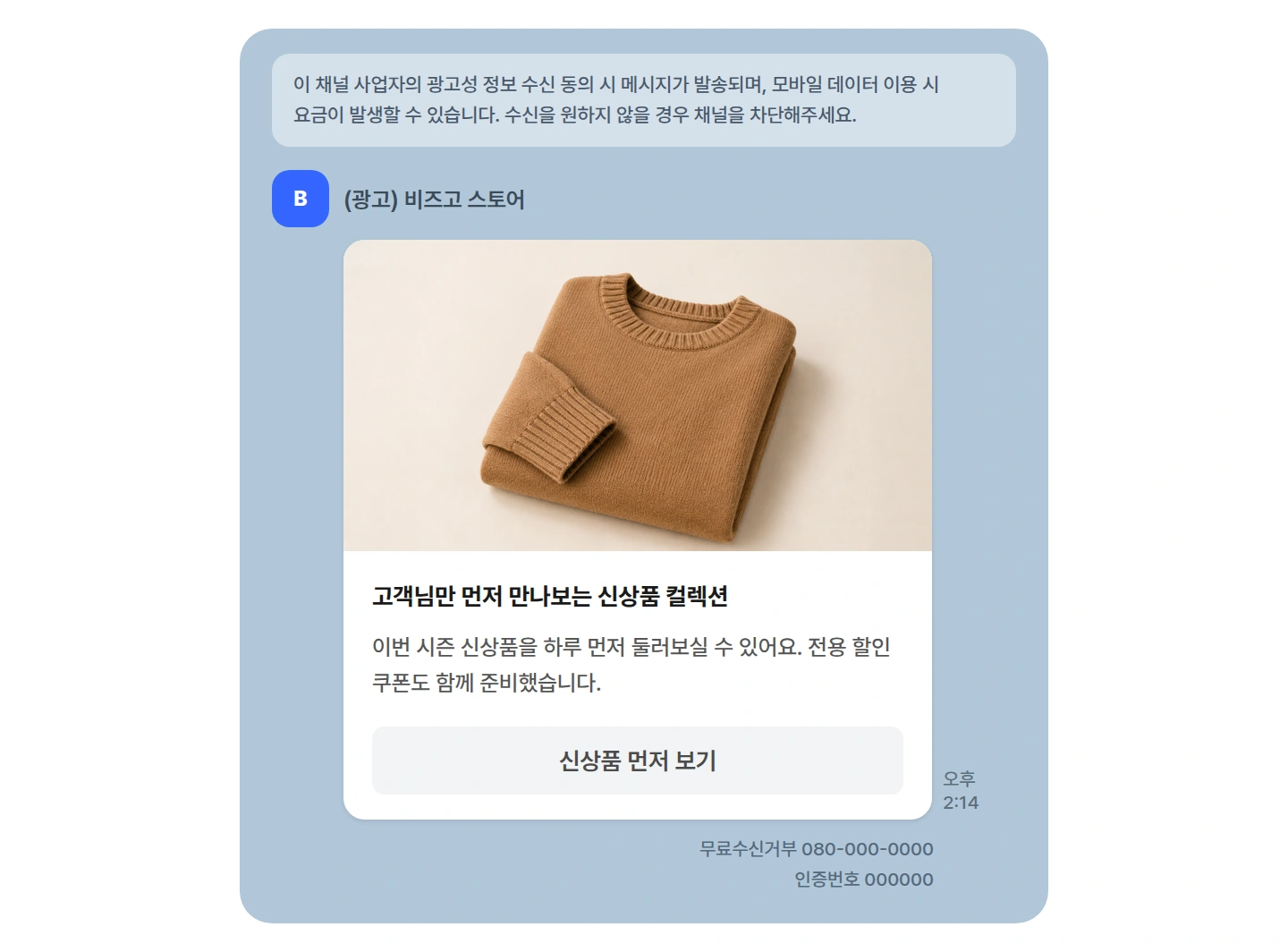 신상품 안내를 담은 브랜드 메시지 발송 화면 예시