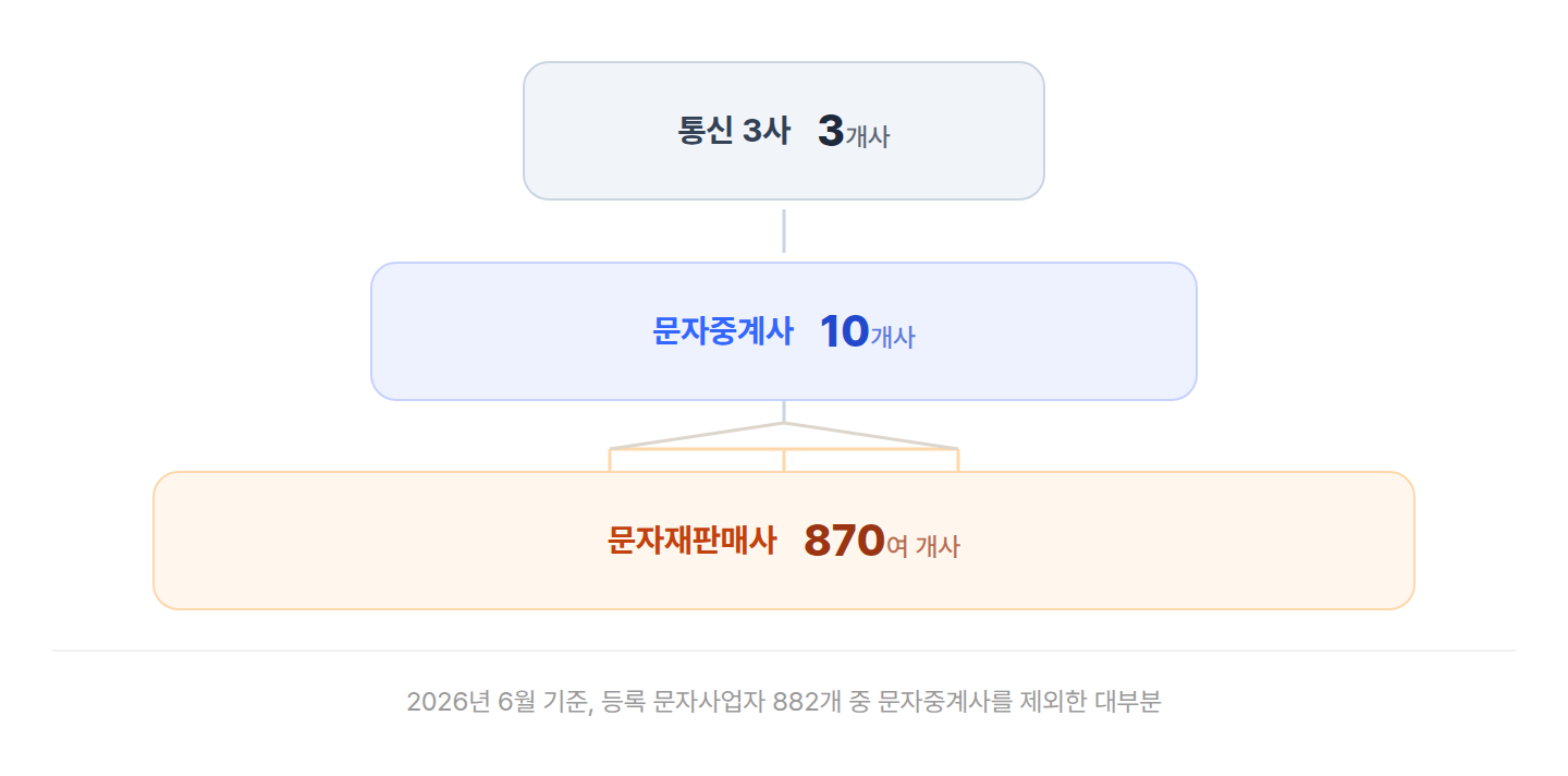 bizgo-sms-industry-hierarchy 통신 3사, 문자중계사 10개사, 문자재판매사 870여 개사로 구성된 문자 산업 계층 구조도